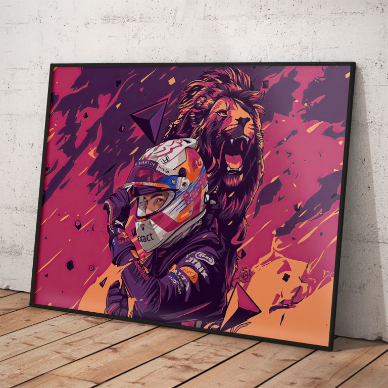 Umelecký poster Max Verstappen s kvalitnou pololesklou tlačou, dostupný od veľkosti A3 po A0.