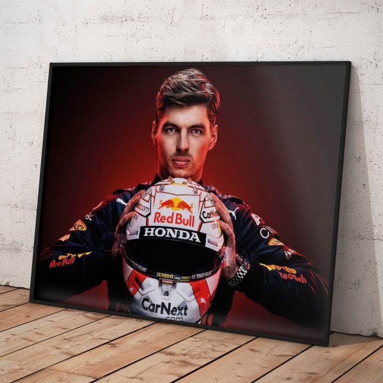 Plagát Max Verstappen s Red Bull prilbou, kvalitný pololesklý papier, voliteľné rámovanie