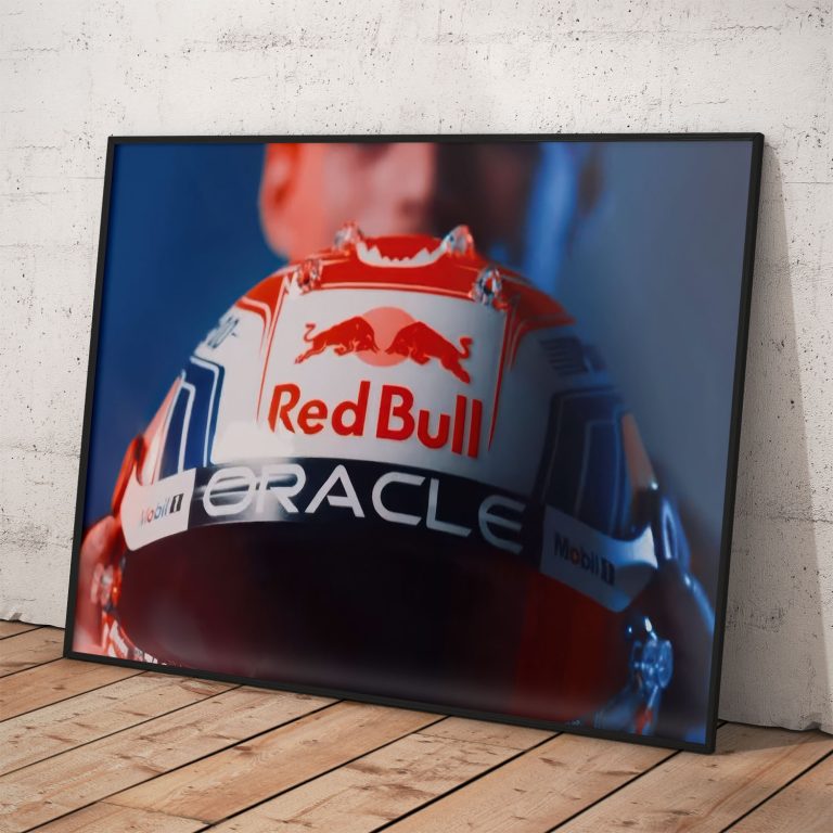 Plagát Maxa Verstappena s prilbou Red Bull, kvalitný pololesklý papier