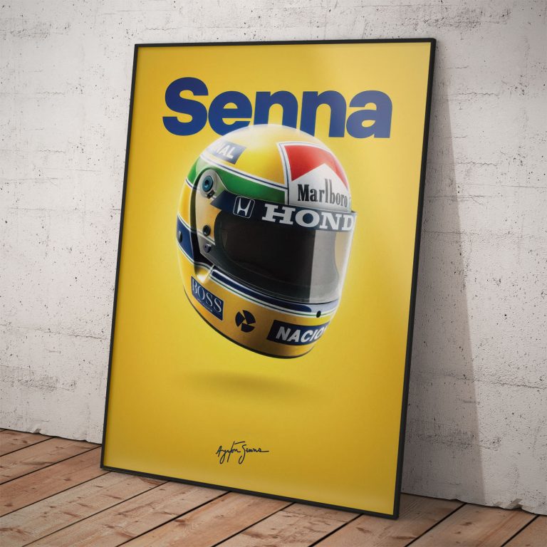 Minimalistický poster Ayrton Senna, kvalitný pololesklý papier s perleťovým efektom, voliteľný hliníkový rám.