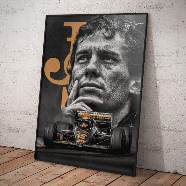Plagát Ayrtona Sennu v monoposte Lotus JPS, kvalitný pololesklý papier