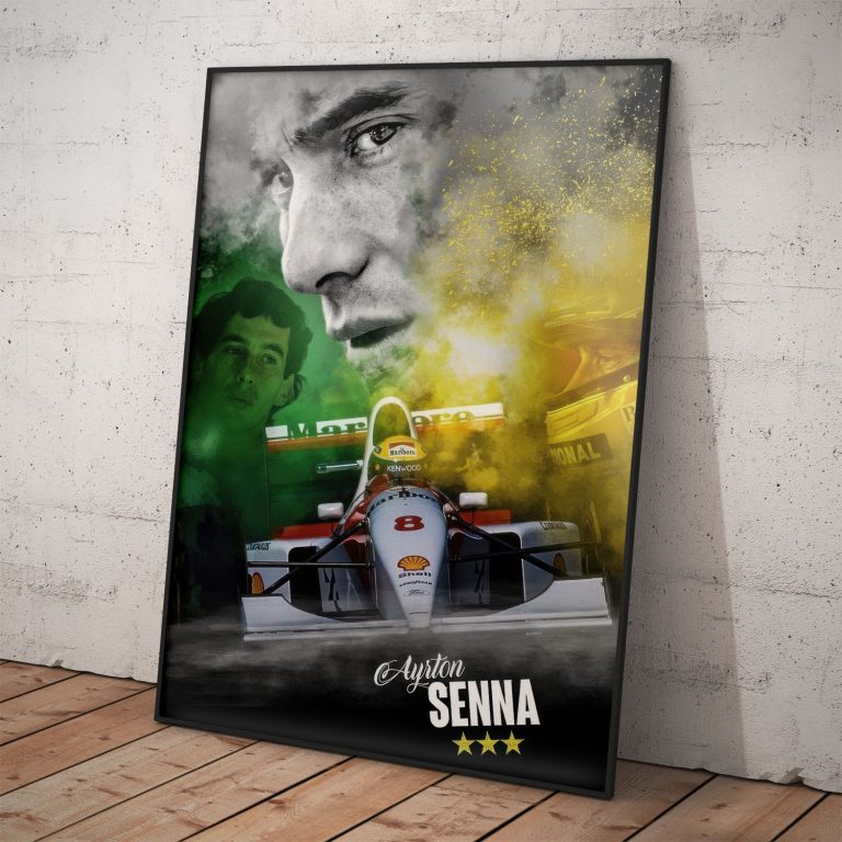 Plagát Ayrton Senna s portrétom a monopostom, kvalitný pololesklý papier