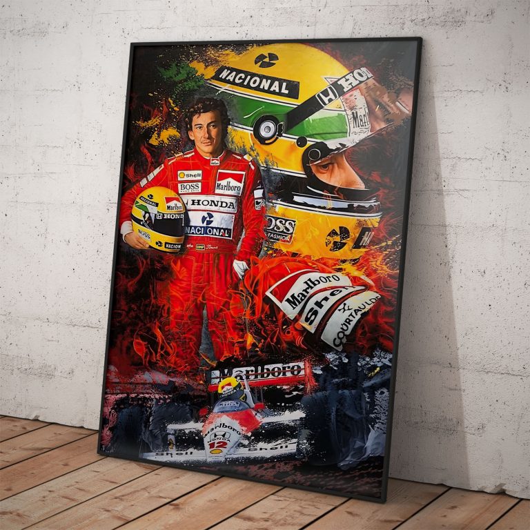 Plagát Ayrtona Sennu v červenej kombinéze, kvalitný pololesklý papier