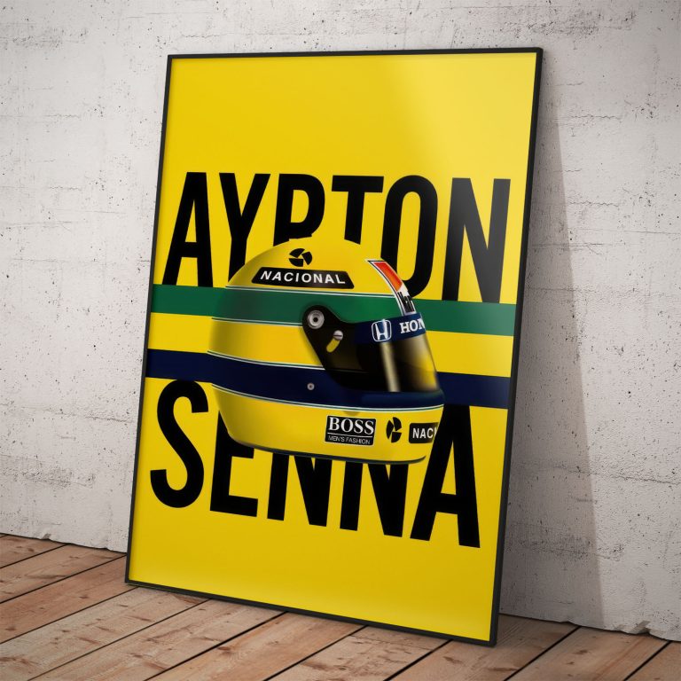 Ayrton Senna na plagáte s ikonickým žltým pozadím, kvalitný pololesklý papier, žiarivé farby.