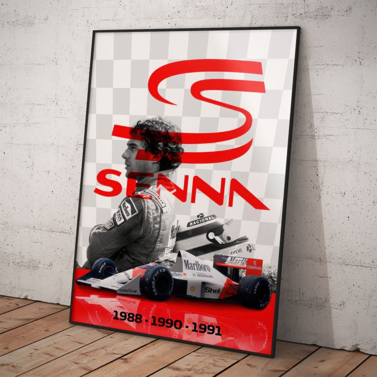 Plagát Ayrton Senna na kvalitnom pololesklom papieri s perleťovým efektom, spomienka na majstrovské tituly Formula 1.