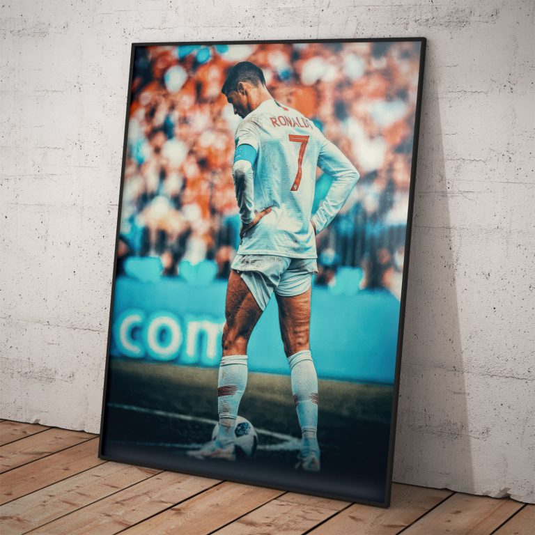 Plagát s Cristianom Ronaldom na futbalovom štadióne, vysoká kvalita, žiarivé farby