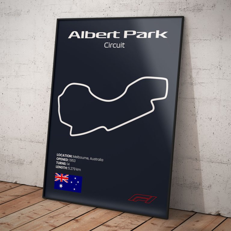 Plagát Albert Park, legendárny okruh pretekov Formula 1 s tmavomodrým pozadím pre štýlový interiér.