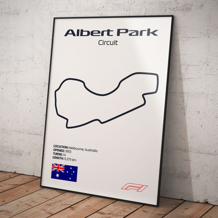 Plagát Albert Park, známy okruh pretekov Formula 1 s biely pozadím pre fanúšika.