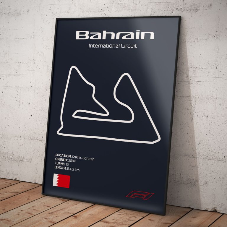 Plagát Bahrain, legendárny okruh pretekov Formula 1 s tmavomodrým pozadím pre štýlový interiér.