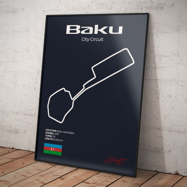 Plagát Baku, legendárny okruh pretekov Formula 1 s tmavomodrým pozadím pre štýlový interiér.