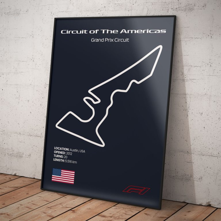 Plagát Circuit of The Americas, legendárny okruh pretekov Formula 1 s tmavomodrým pozadím pre štýlový interiér.
