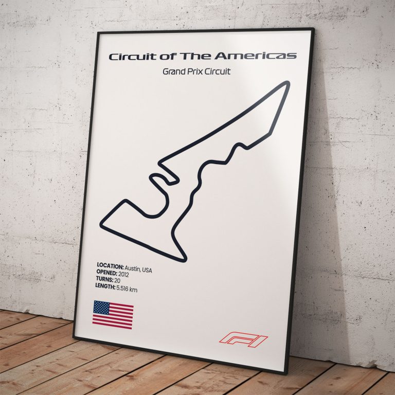 Plagát Circuit of The Americas, známy okruh pretekov Formula 1 s biely pozadím pre fanúšika.
