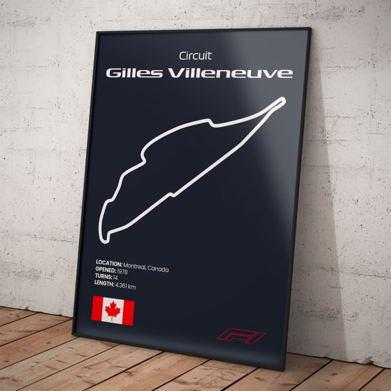 Plagát Gilles Villeneuve, legendárny okruh pretekov Formula 1 s tmavomodrým pozadím pre štýlový interiér.