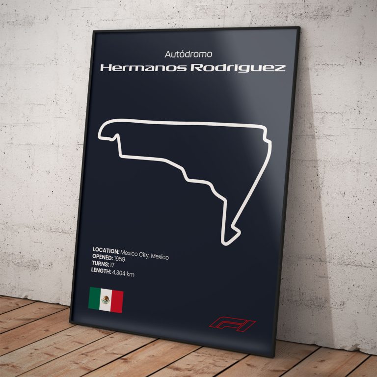 Plagát Hermanos Rodriguez, legendárny okruh pretekov Formula 1 s tmavomodrým pozadím pre štýlový interiér.