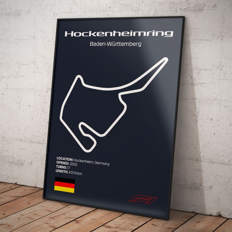 Plagát Hockenheimring, legendárny okruh pretekov Formula 1 s tmavomodrým pozadím pre štýlový interiér.