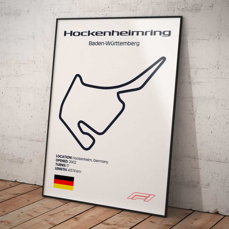 Plagát Hockenheimring, známy okruh pretekov Formula 1 s biely pozadím pre fanúšika.