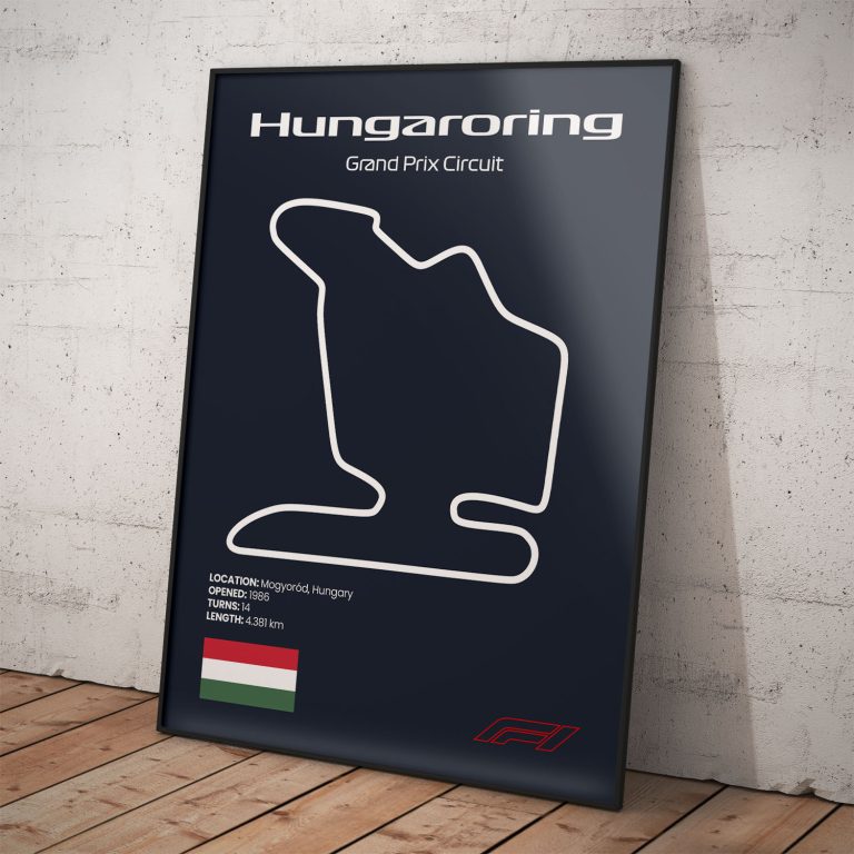 Plagát Hungaroring, legendárny okruh pretekov Formula 1 s tmavomodrým pozadím pre štýlový interiér.