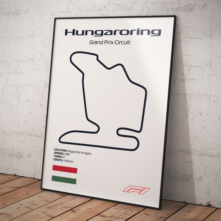 Plagát Hungaroring, známy okruh pretekov Formula 1 s biely pozadím pre fanúšika.
