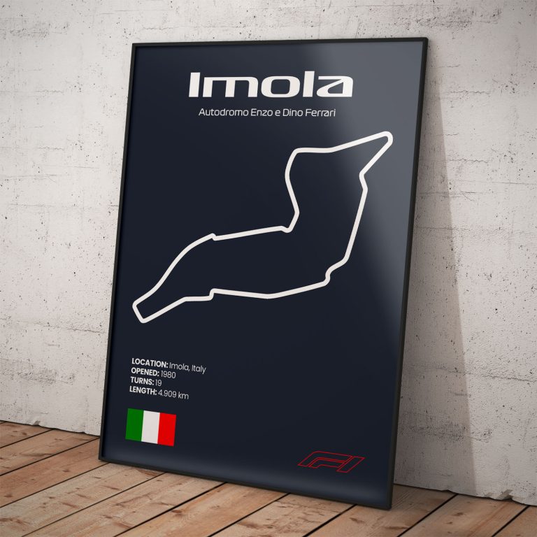 Plagát Imola, legendárny okruh pretekov Formula 1 s tmavomodrým pozadím pre štýlový interiér.