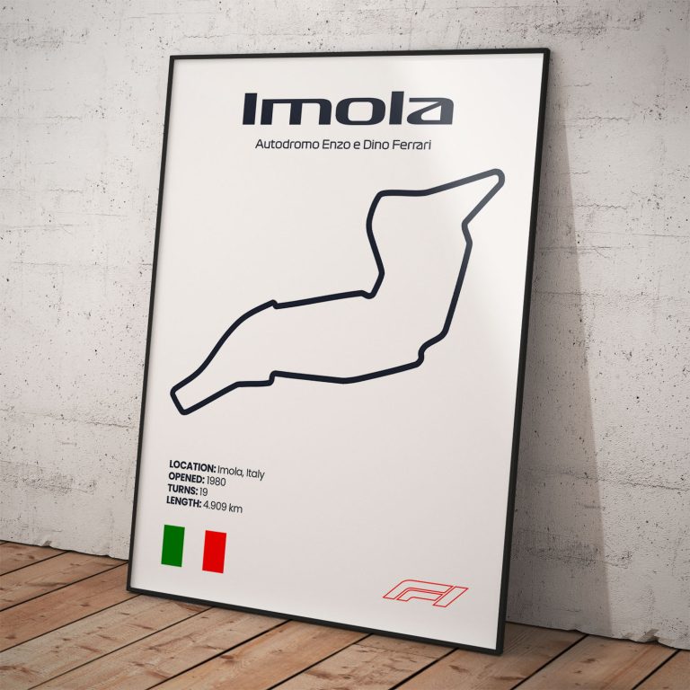 Plagát Imola, známy okruh pretekov Formula 1 s biely pozadím pre fanúšika.