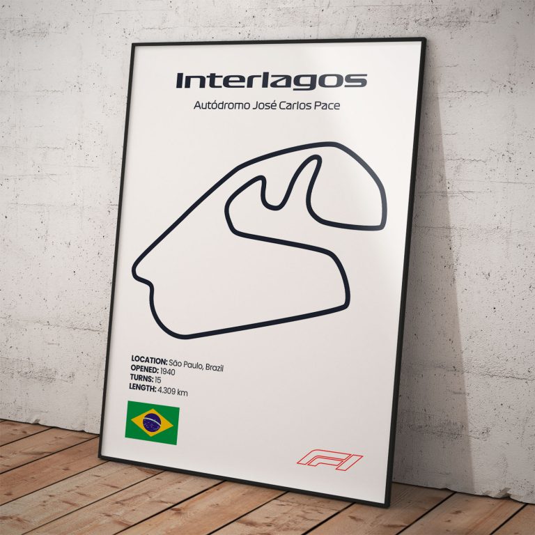 Plagát Interlagos, známy okruh pretekov Formula 1 s biely pozadím pre fanúšika.