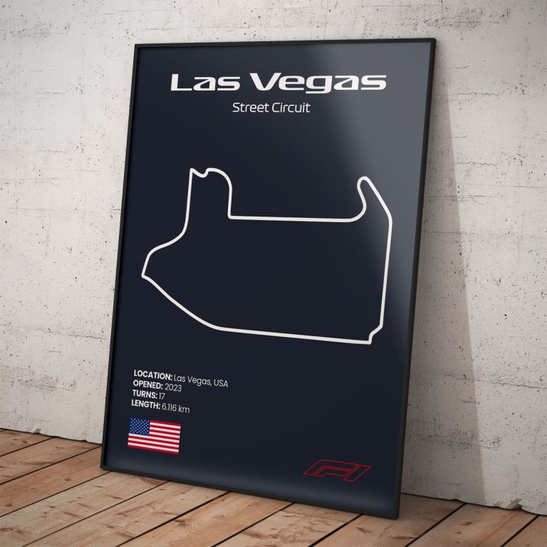 Plagát Las Vegas, legendárny okruh pretekov Formula 1 s tmavomodrým pozadím pre štýlový interiér.