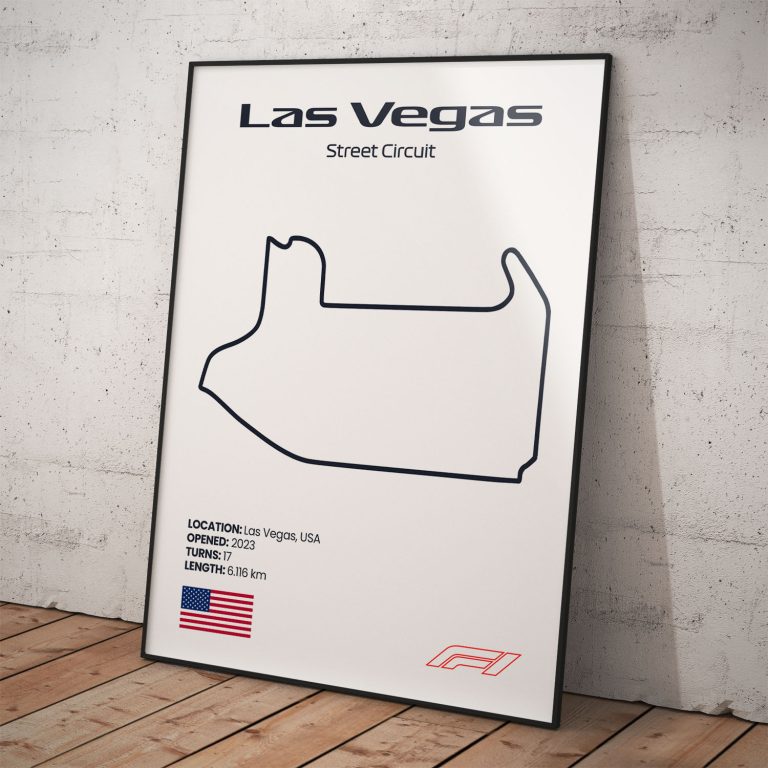 Plagát Las Vegas, známy okruh pretekov Formula 1 s biely pozadím pre fanúšika.