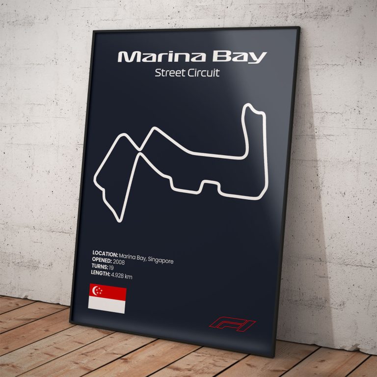 Plagát Marina Bay, legendárny okruh pretekov Formula 1 s tmavomodrým pozadím pre štýlový interiér.