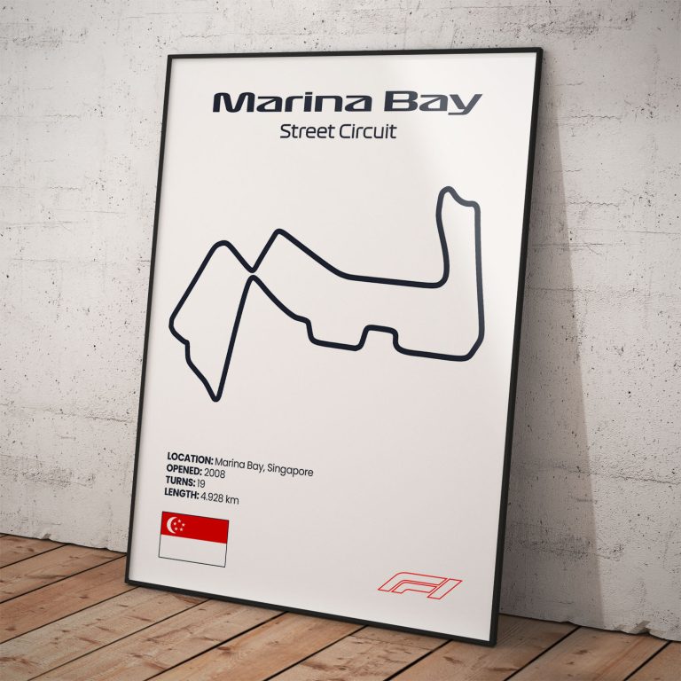 Plagát Marina Bay, známy okruh pretekov Formula 1 s biely pozadím pre fanúšika.