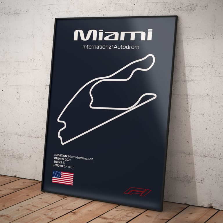 Plagát Miami, legendárny okruh pretekov Formula 1 s tmavomodrým pozadím pre štýlový interiér.