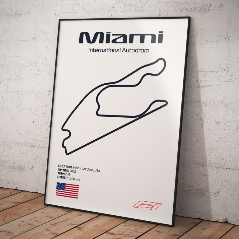 Plagát Miami, známy okruh pretekov Formula 1 s biely pozadím pre fanúšika.