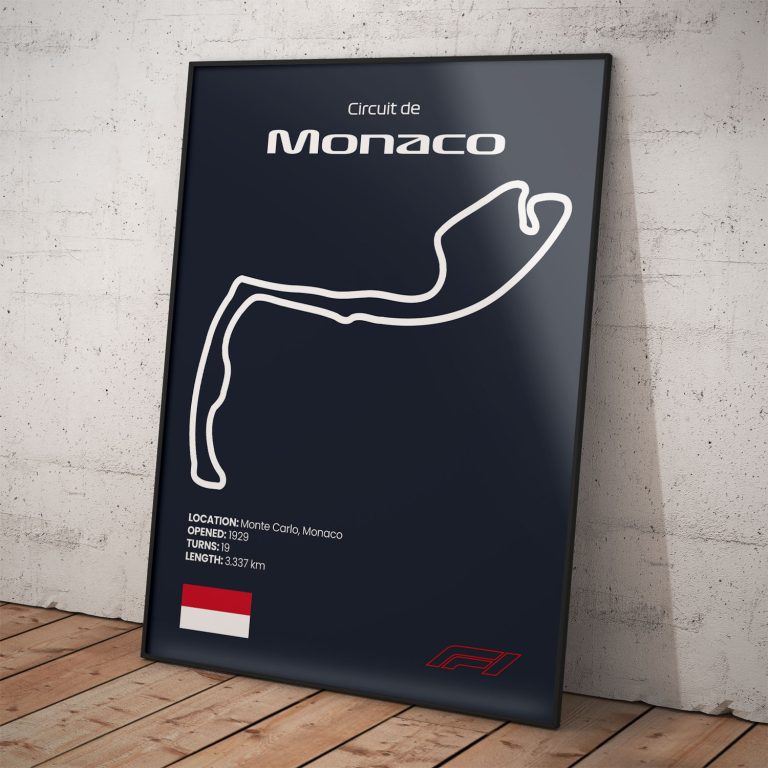 Plagát Monaco, legendárny okruh pretekov Formula 1 s tmavomodrým pozadím pre štýlový interiér.