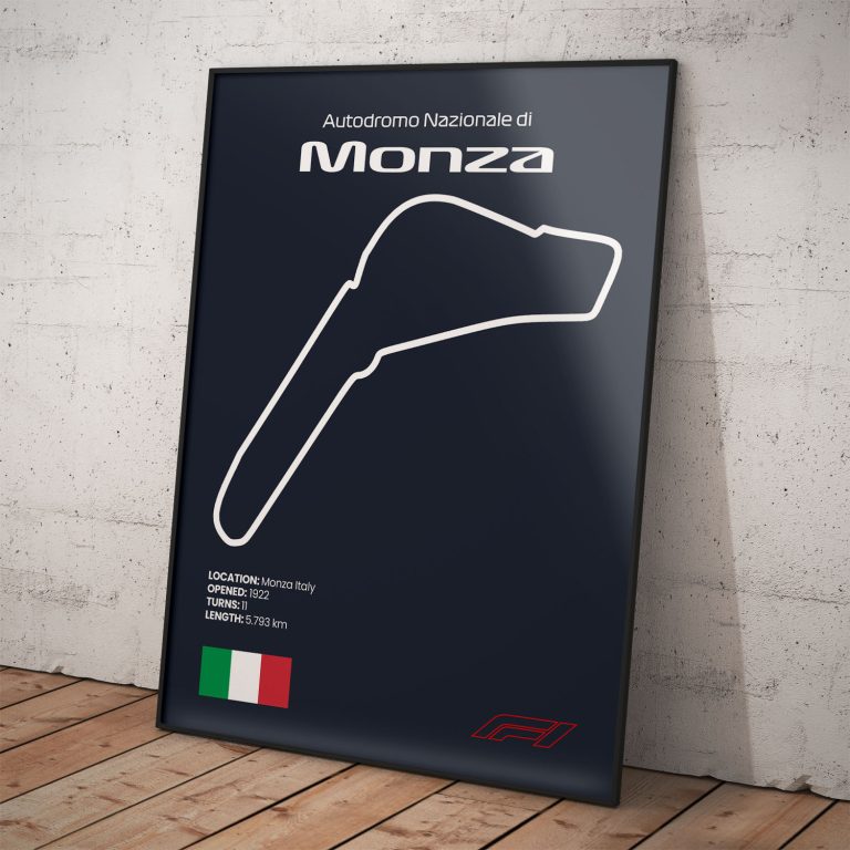 Plagát Monza, legendárny okruh pretekov Formula 1 s tmavomodrým pozadím pre štýlový interiér.
