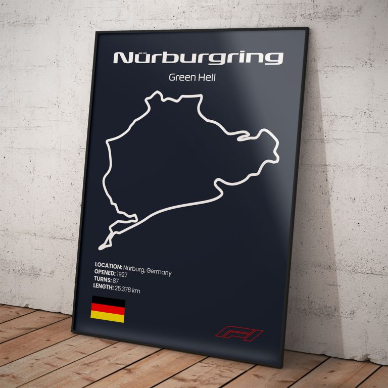Plagát Nürburgring Green Hell, legendárny okruh pretekov Formula 1 s tmavomodrým pozadím pre štýlový interiér.