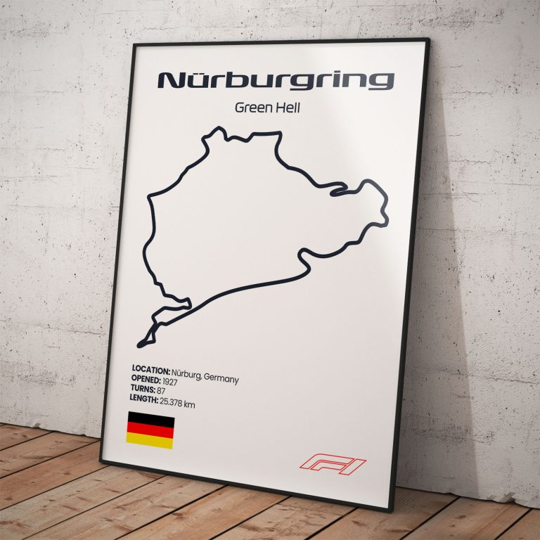 Plagát Nürburgring Green Hell, známy okruh pretekov Formula 1 s biely pozadím pre fanúšika.