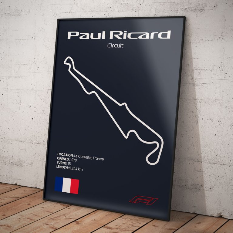 Plagát Paul Ricard, legendárny okruh pretekov Formula 1 s tmavomodrým pozadím pre štýlový interiér.