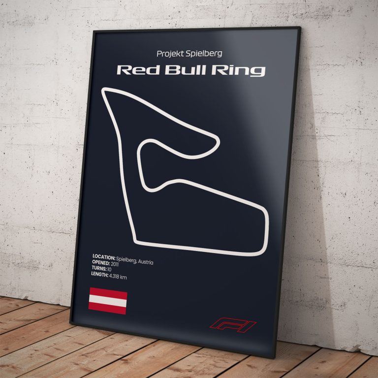 Plagát Red Bull Ring, legendárny okruh pretekov Formula 1 s tmavomodrým pozadím pre štýlový interiér.
