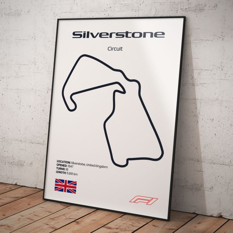 Plagát Silverstone, známy okruh pretekov Formula 1 s biely pozadím pre fanúšika.