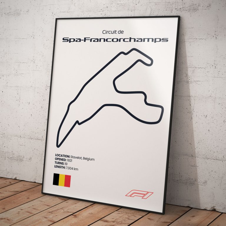 Plagát Spa Francorchamps, známy okruh pretekov Formula 1 s biely pozadím pre fanúšika.