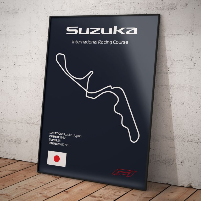Plagát Suzuka, legendárny okruh pretekov Formula 1 s tmavomodrým pozadím pre štýlový interiér.