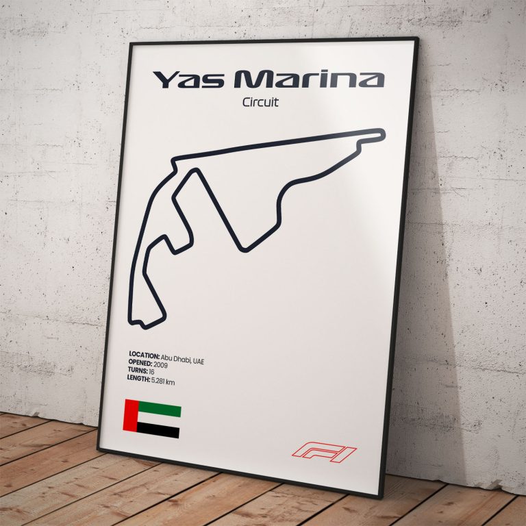 Plagát Yas Marina Circuit známy okruh pretekov Formula 1 s biely pozadím pre fanúšika.