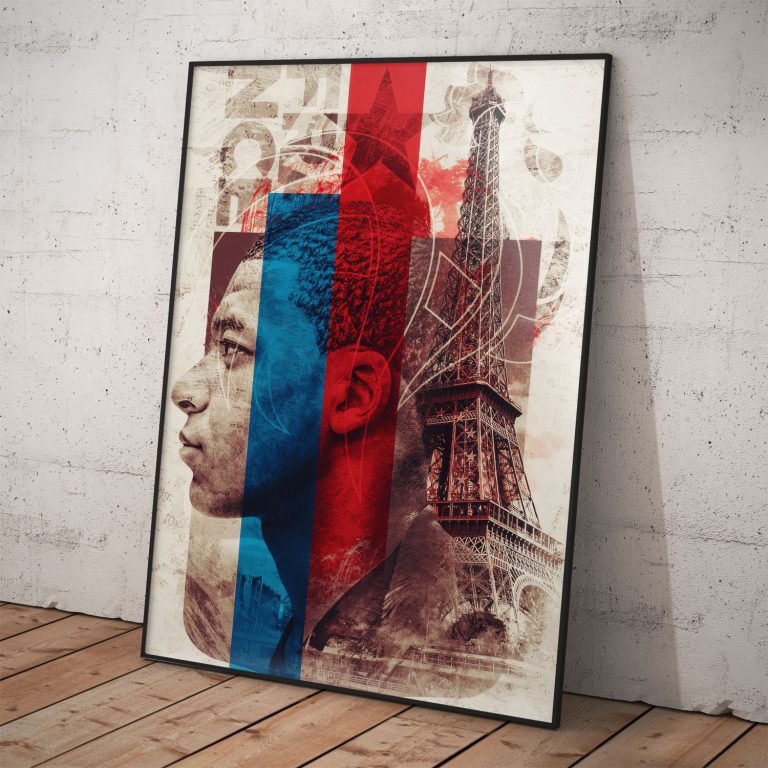 Plagát Kylian Mbappé v parížskom štýle, tlačený na kvalitnom pololesklom papieri.