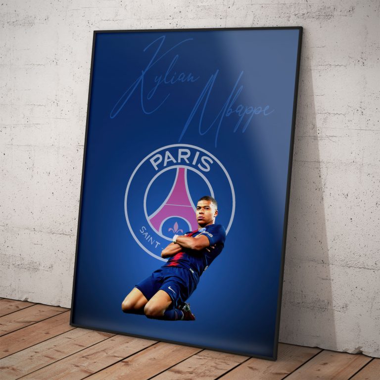 Plagát Kylian Mbappé s podpisom, kvalitný pololesklý papier, rôzne rozmery, voliteľné rámovanie.