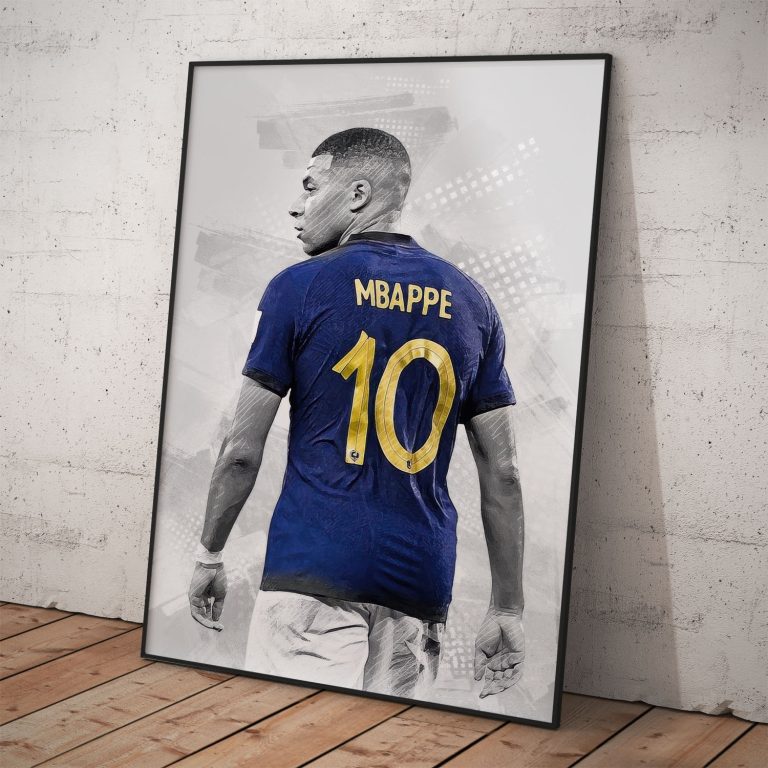Elegantný športový plagát Kylian Mbappé, futbalový hráč.