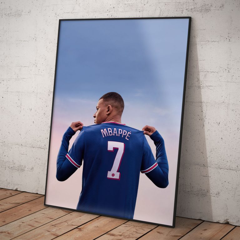 Elegantný športový plagát Kylian Mbappé, futbalový hráč