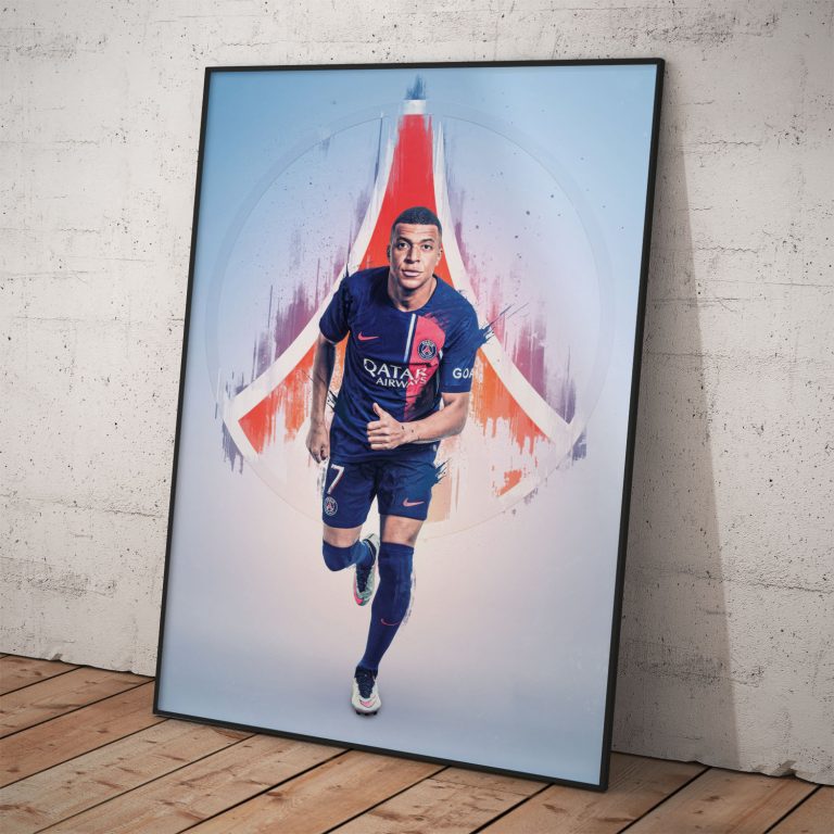 Plagát Kyliana Mbappého s logom PSG na pololesklom papieri