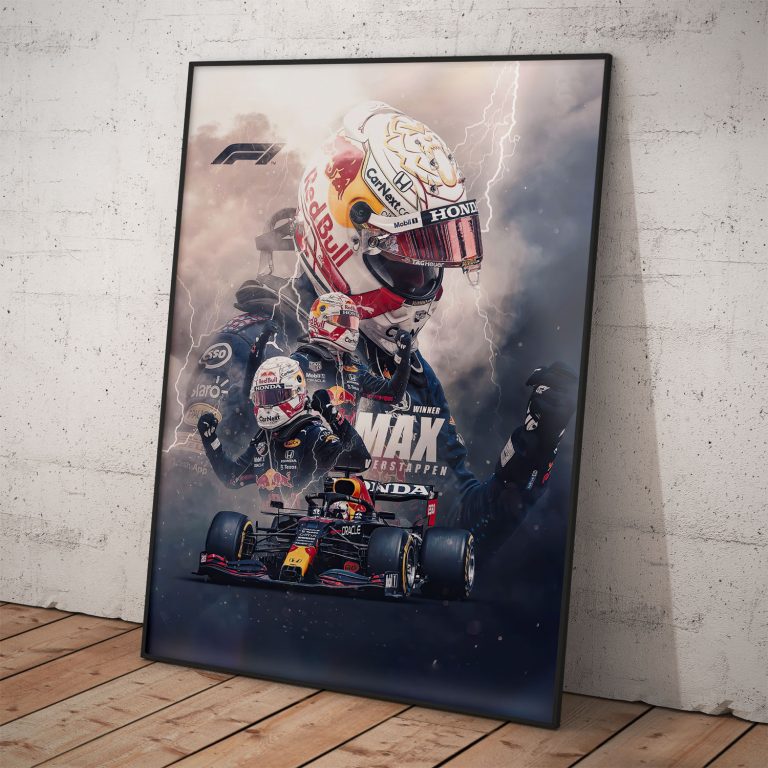 Plagát Max Verstappen s kvalitnou pololesklou tlačou a jasnými farbami.