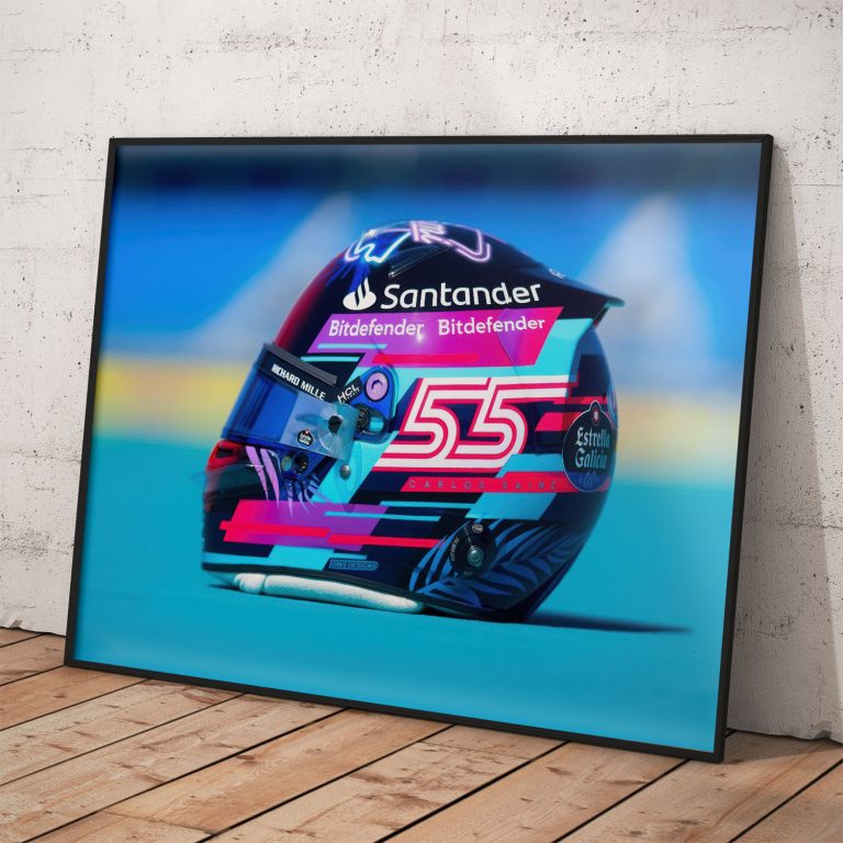Plagát Carlos Sainz Jr. s prilbou, dizajnované na Slovensku