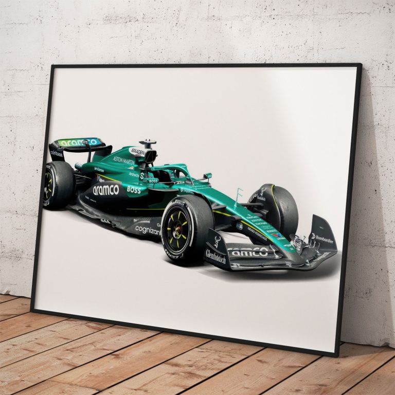 Aston Martin Formula 1 tímový plagát na bielom pozadí