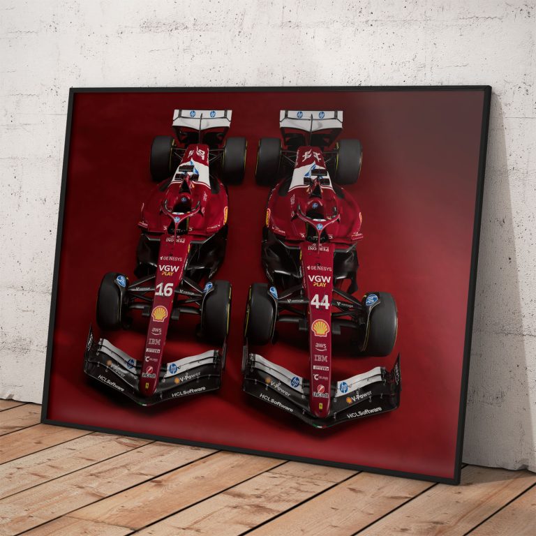 Scuderia Ferrari 2025 Formula 1 poster s Talianskym dizajnom, kvalitný pololesklý papier, dostupné rámovanie.